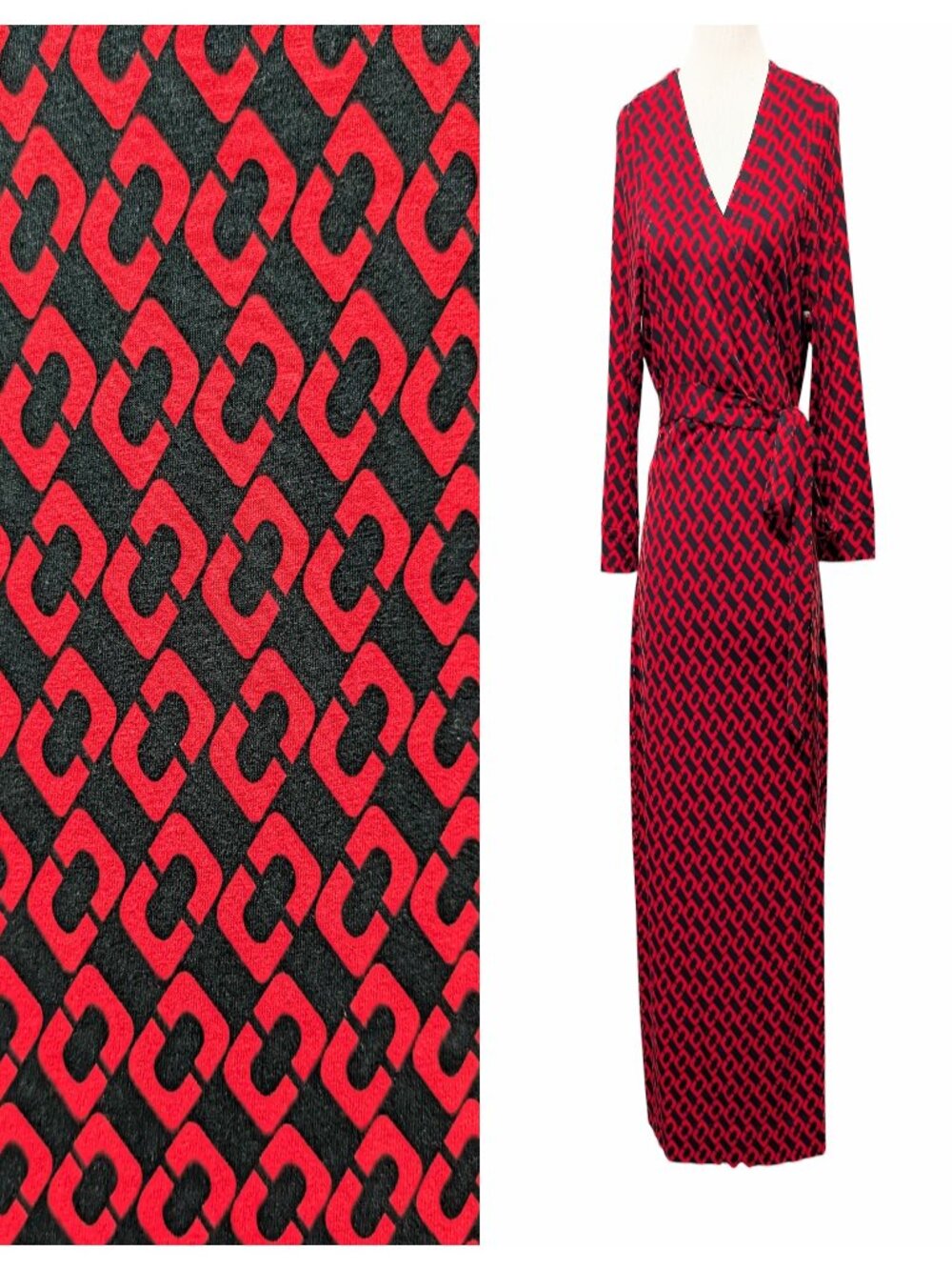 Diane Von Furstenberg Womens Sz 14 Black Red Chain Link Print Classic Wrap Dress